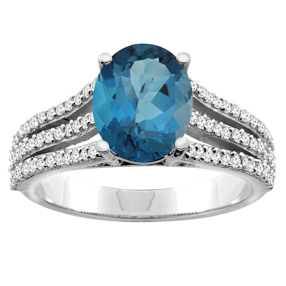 10K White/Yellow Gold Natural London Blue Topaz Tri-split Ring Oval 9x7mm Diamond Accents, sizes 5 - 10