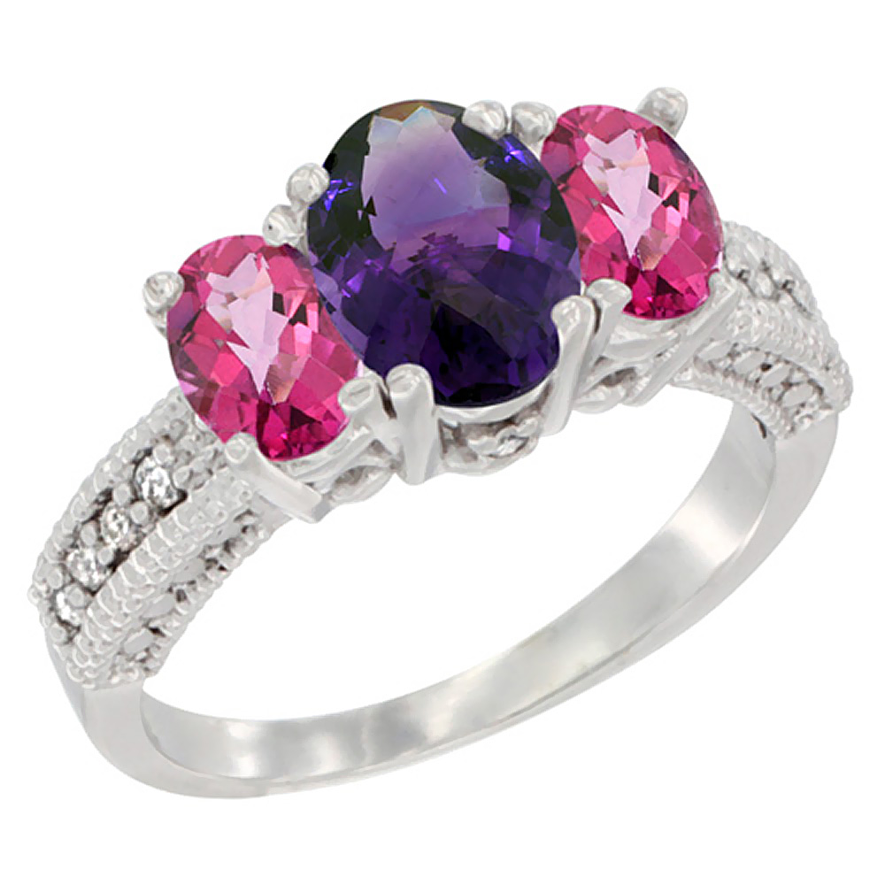 14K White Gold Diamond Natural Amethyst Ring Oval 3-stone with Pink Topaz, sizes 5 - 10