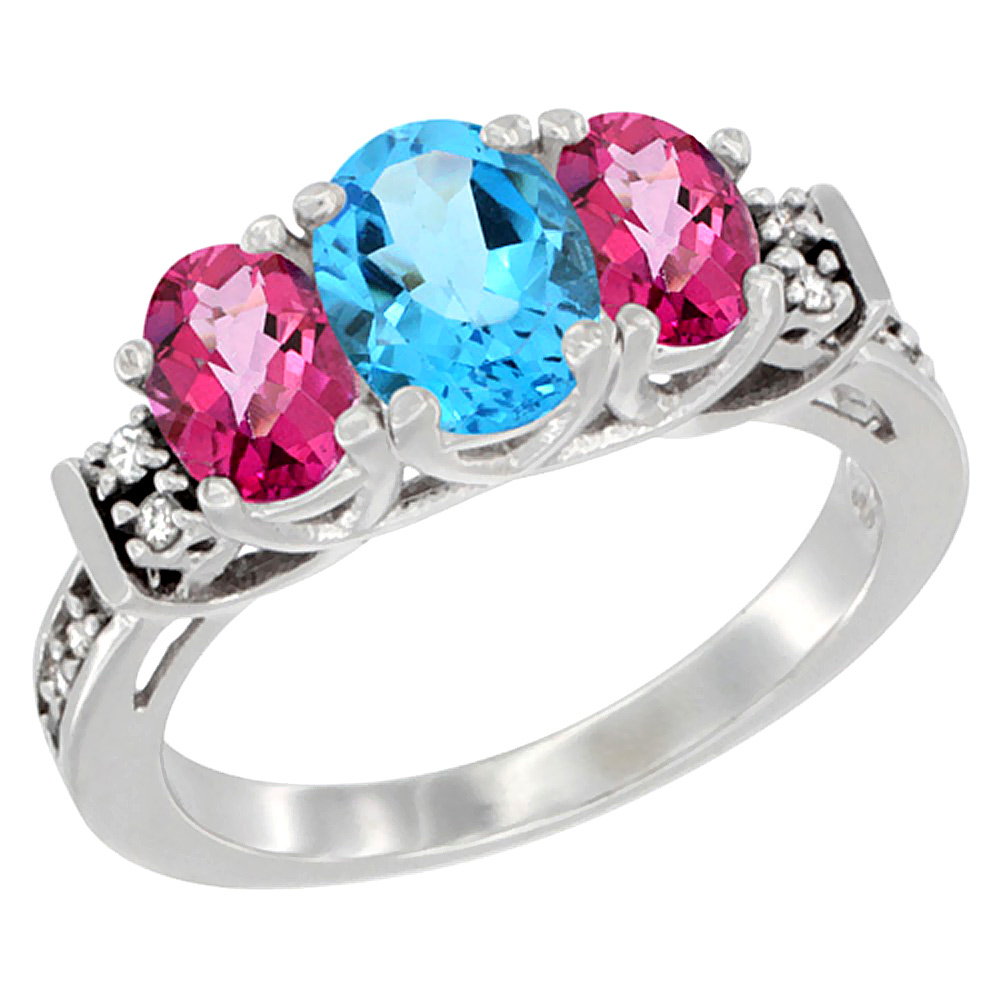 14K White Gold Natural Swiss Blue Topaz &amp; Pink Topaz Ring 3-Stone Oval Diamond Accent, sizes 5-10