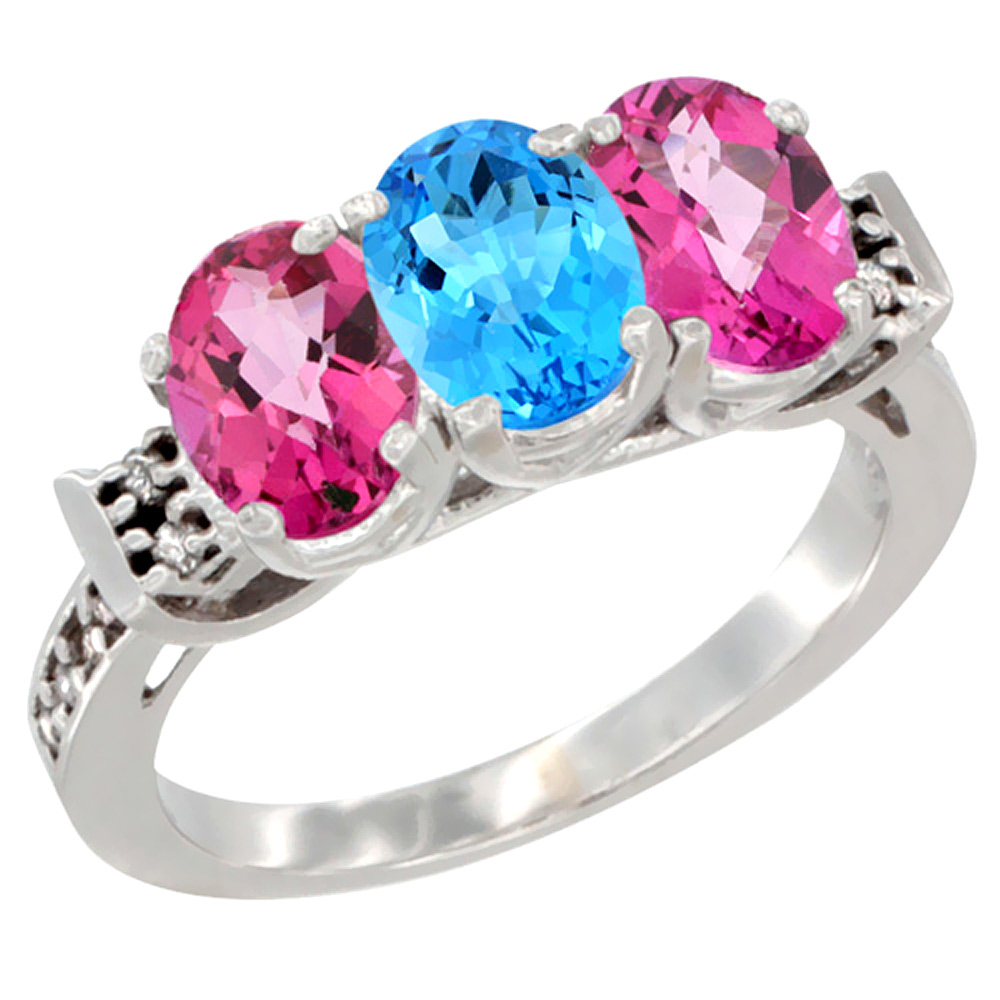 14K White Gold Natural Swiss Blue Topaz & Pink Topaz Sides Ring 3-Stone 7x5 mm Oval Diamond Accent, sizes 5 - 10