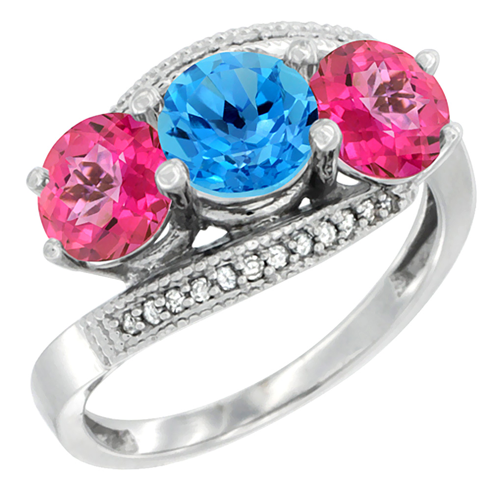 14K White Gold Natural Swiss Blue Topaz &amp; Pink Topaz Sides 3 stone Ring Round 6mm Diamond Accent, sizes 5 - 10