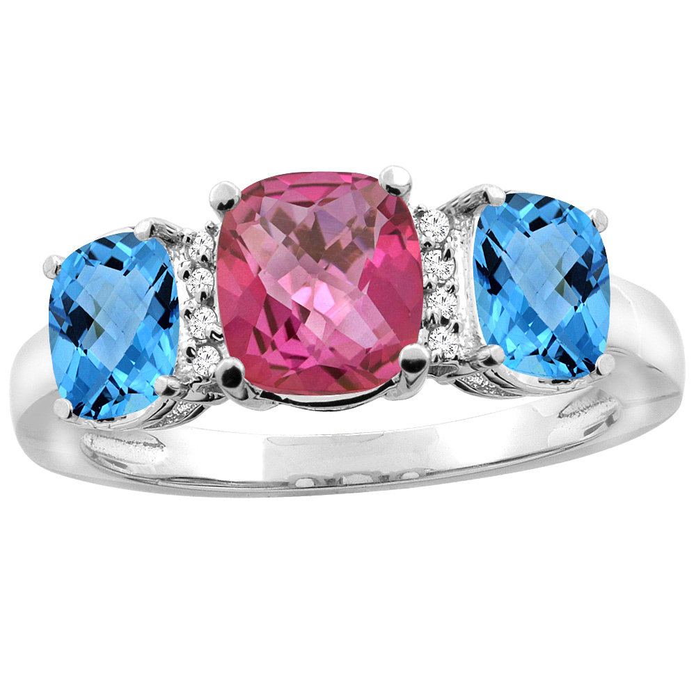 14K White Gold Natural Pink Topaz & Swiss Blue Topaz 3-stone Ring Cushion 8x6mm Diamond Accent, sizes 5 - 10