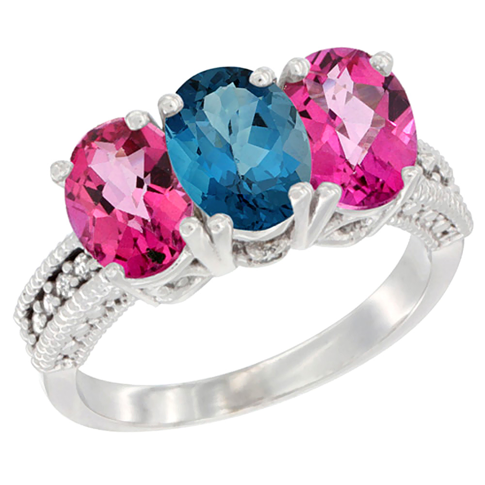 10K White Gold Natural London Blue Topaz & Pink Topaz Sides Ring 3-Stone Oval 7x5 mm Diamond Accent, sizes 5 - 10