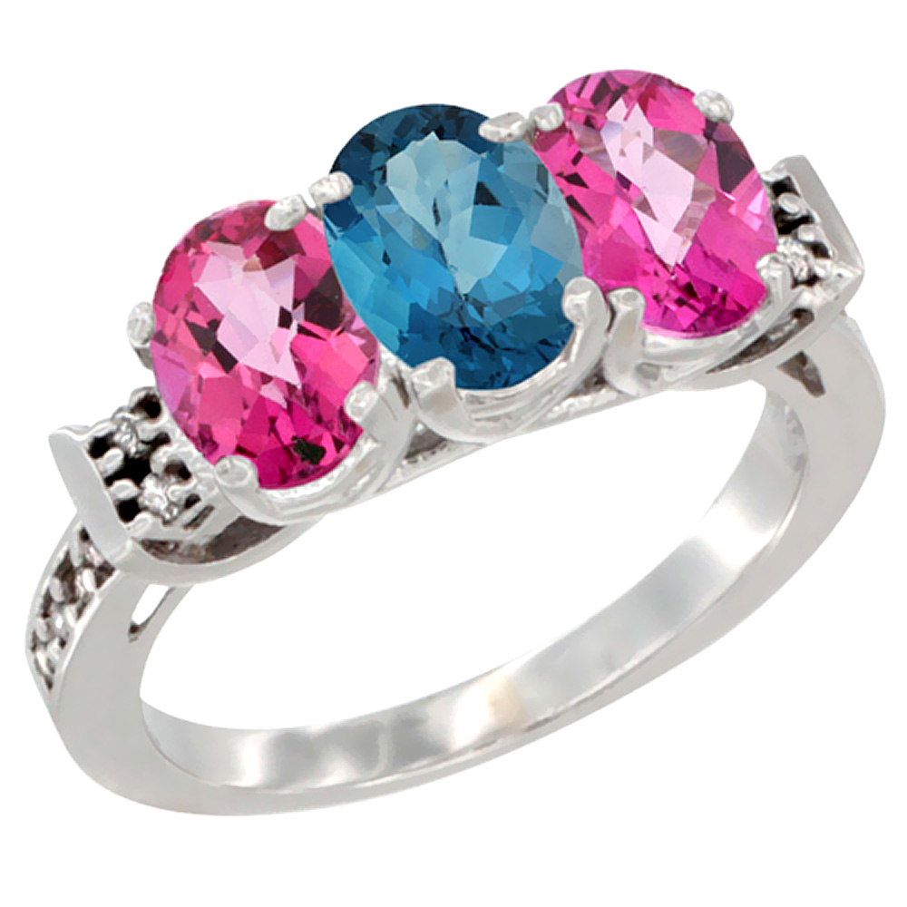 10K White Gold Natural London Blue Topaz &amp; Pink Topaz Sides Ring 3-Stone Oval 7x5 mm Diamond Accent, sizes 5 - 10