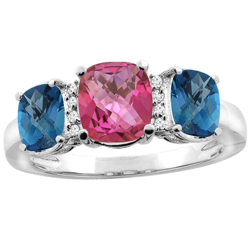 14K White Gold Natural Pink Topaz & London Blue Topaz 3-stone Ring Cushion 8x6mm Diamond Accent, sizes 5 - 10