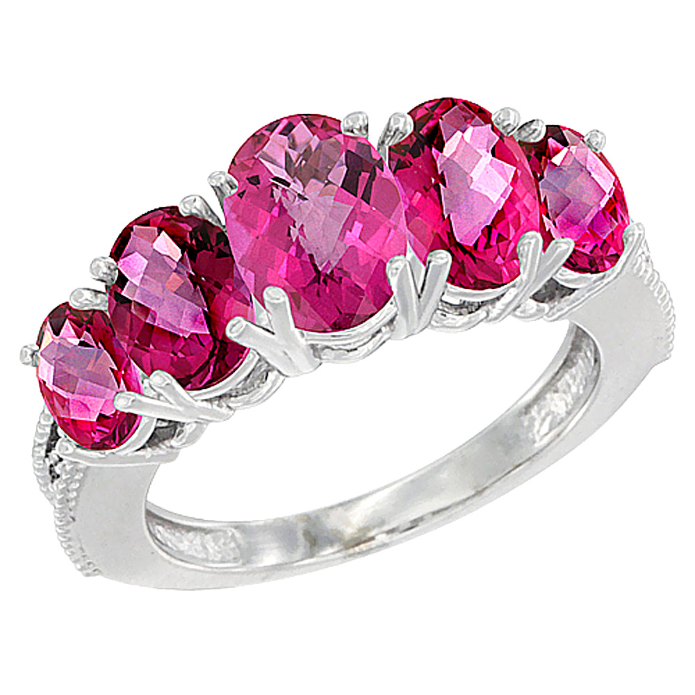 14K White Gold Diamond Natural Pink Topaz Ring 5-stone Oval 8x6 Ctr,7x5,6x4 sides, sizes 5 - 10