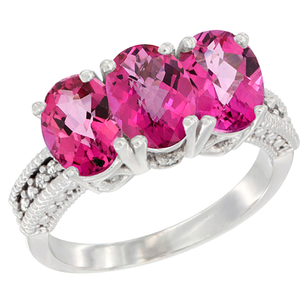 10K White Gold Natural Pink Topaz Ring 3-Stone Oval 7x5 mm Diamond Accent, sizes 5 - 10