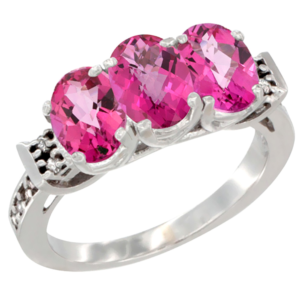 14K White Gold Natural Pink Topaz Ring 3-Stone 7x5 mm Oval Diamond Accent, sizes 5 - 10