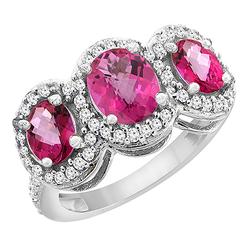 14K White Gold Natural Pink Sapphire &amp; Pink Topaz 3-Stone Ring Oval Diamond Accent, sizes 5 - 10