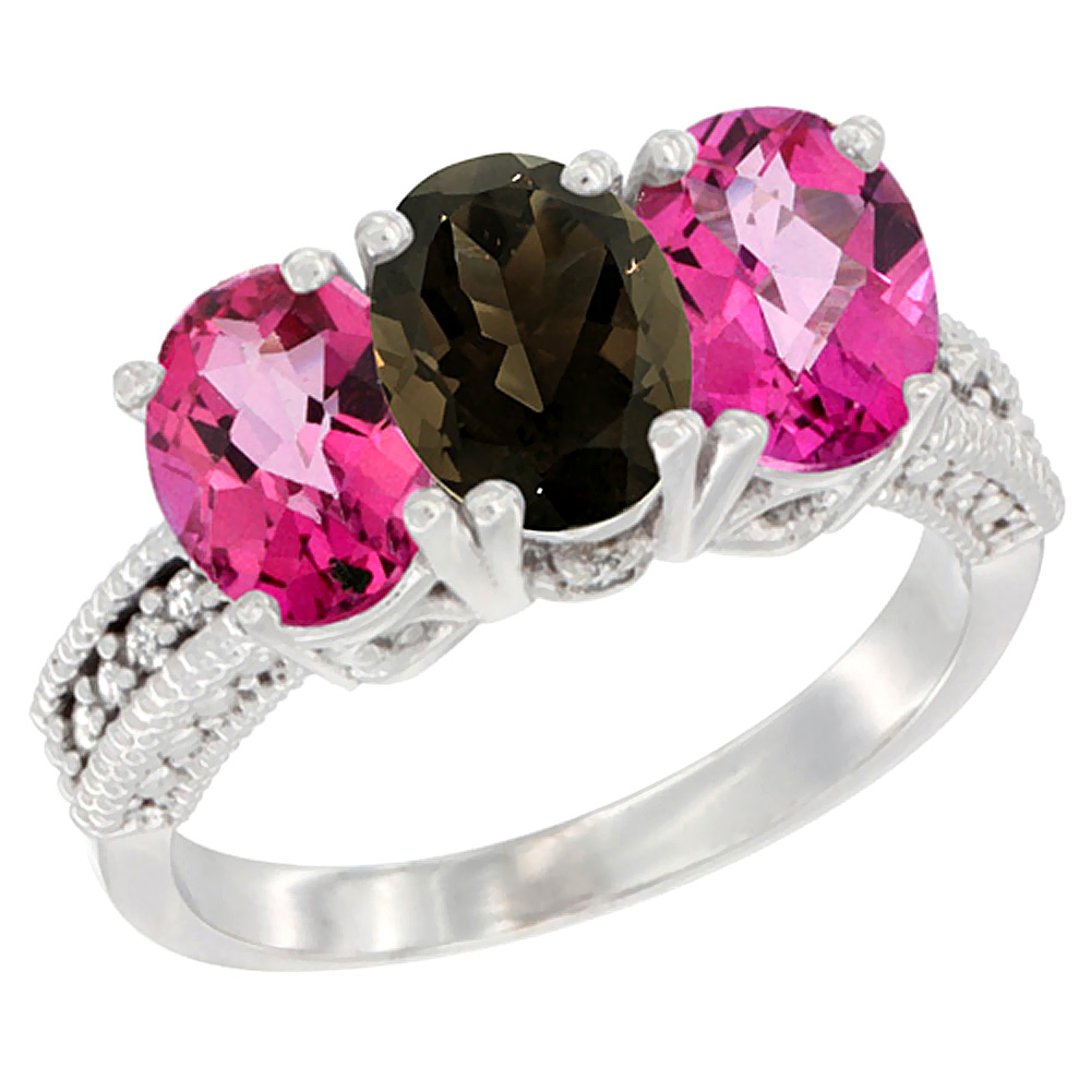 14K White Gold Natural Smoky Topaz &amp; Pink Topaz Sides Ring 3-Stone 7x5 mm Oval Diamond Accent, sizes 5 - 10