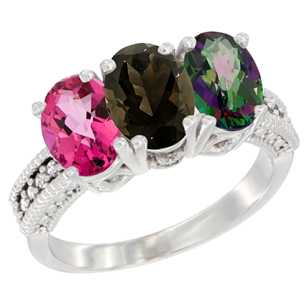 14K White Gold Natural Pink Topaz, Smoky Topaz & Mystic Topaz Ring 3-Stone 7x5 mm Oval Diamond Accent, sizes 5 - 10