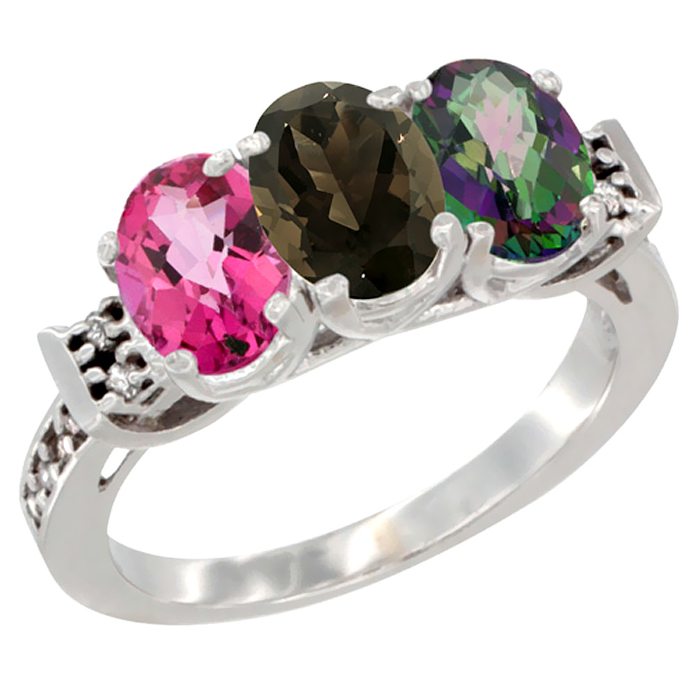 10K White Gold Natural Pink Topaz, Smoky Topaz & Mystic Topaz Ring 3-Stone Oval 7x5 mm Diamond Accent, sizes 5 - 10