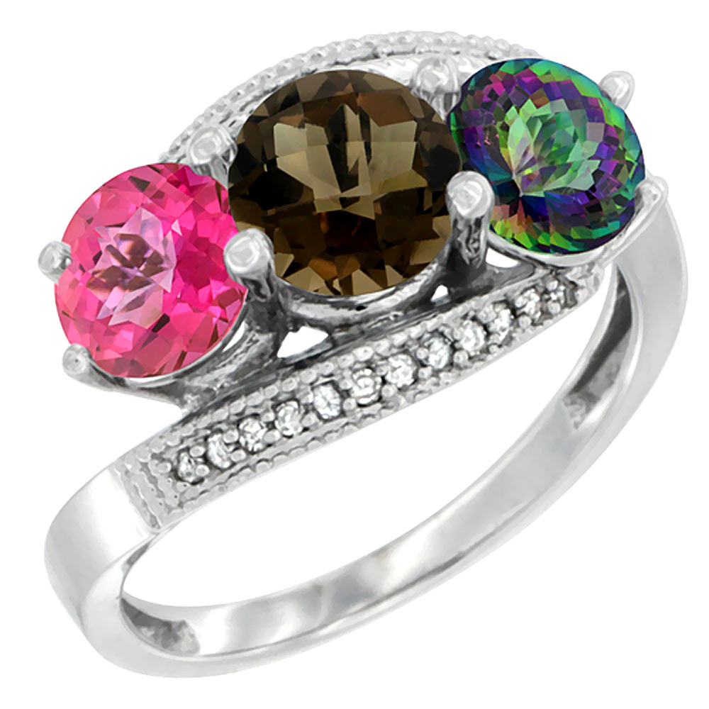 14K White Gold Natural Pink Topaz, Smoky &amp; Mystic Topaz 3 stone Ring Round 6mm Diamond Accent, sizes 5 - 10