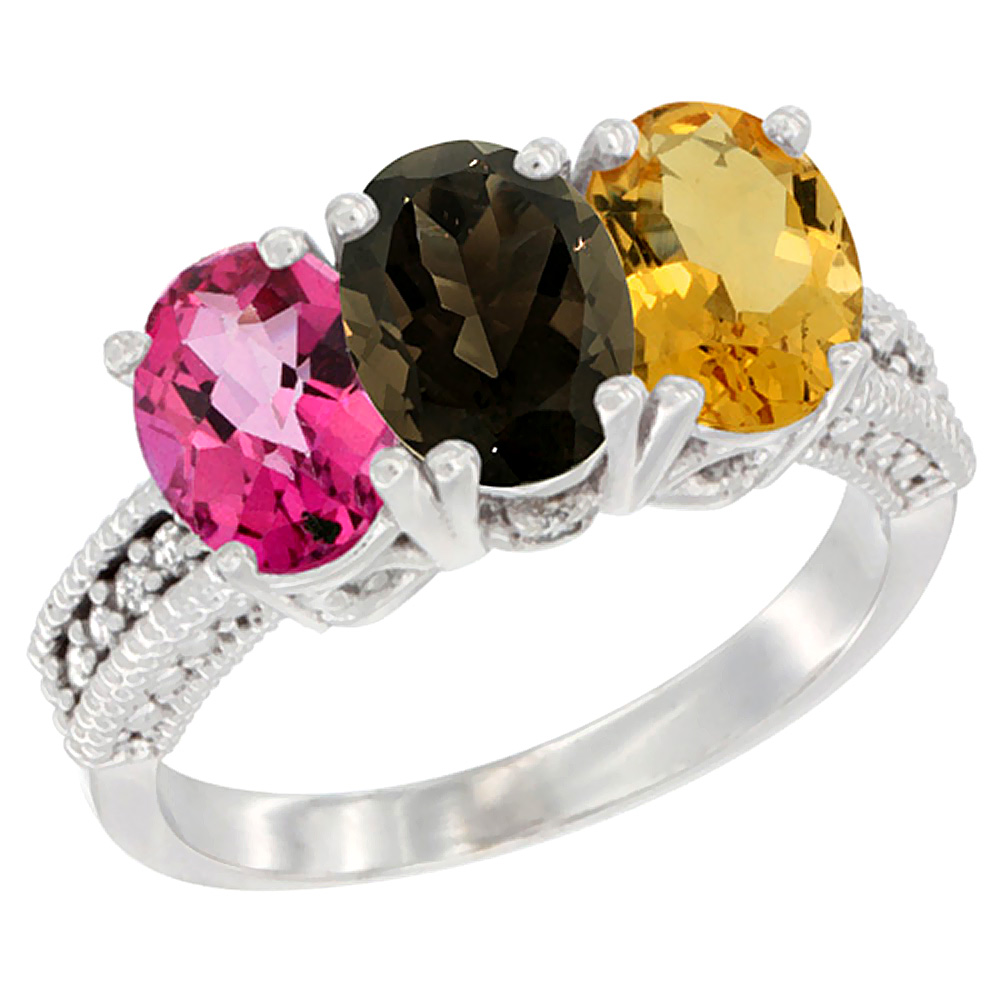 14K White Gold Natural Pink Topaz, Smoky Topaz & Citrine Ring 3-Stone 7x5 mm Oval Diamond Accent, sizes 5 - 10