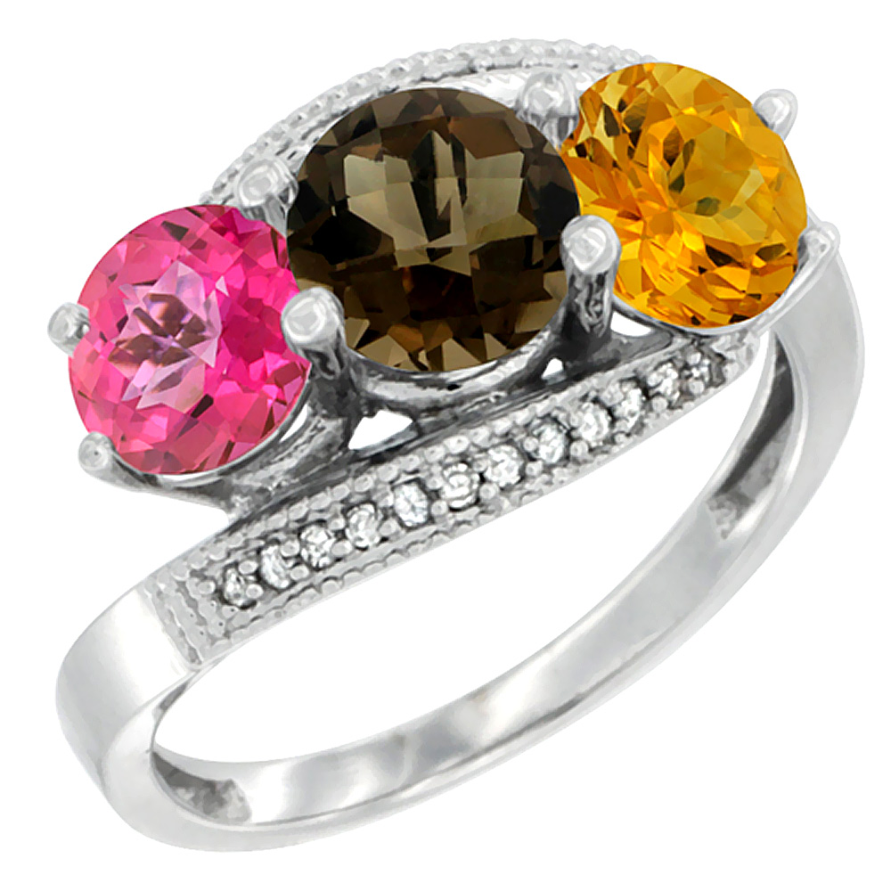 10K White Gold Natural Pink Topaz, Smoky Topaz & Citrine 3 stone Ring Round 6mm Diamond Accent, sizes 5 - 10