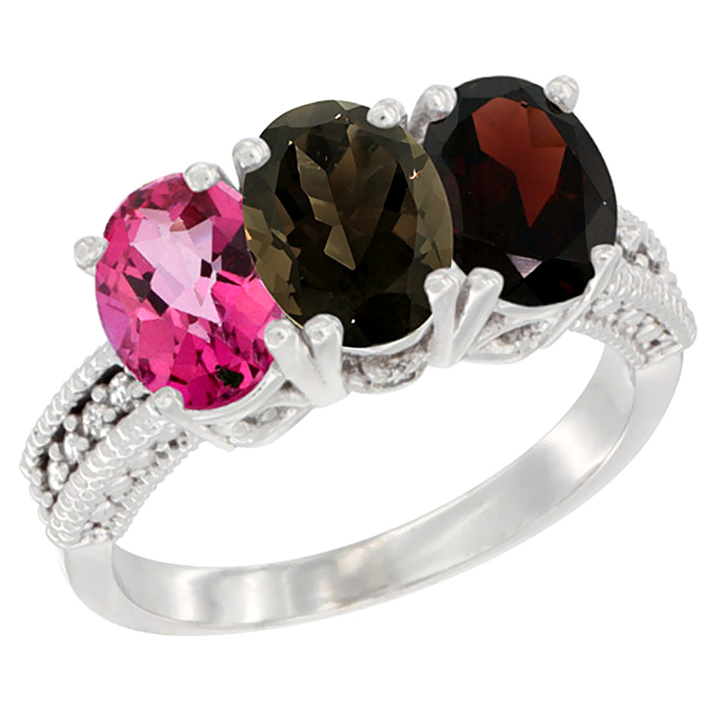 14K White Gold Natural Pink Topaz, Smoky Topaz & Garnet Ring 3-Stone 7x5 mm Oval Diamond Accent, sizes 5 - 10