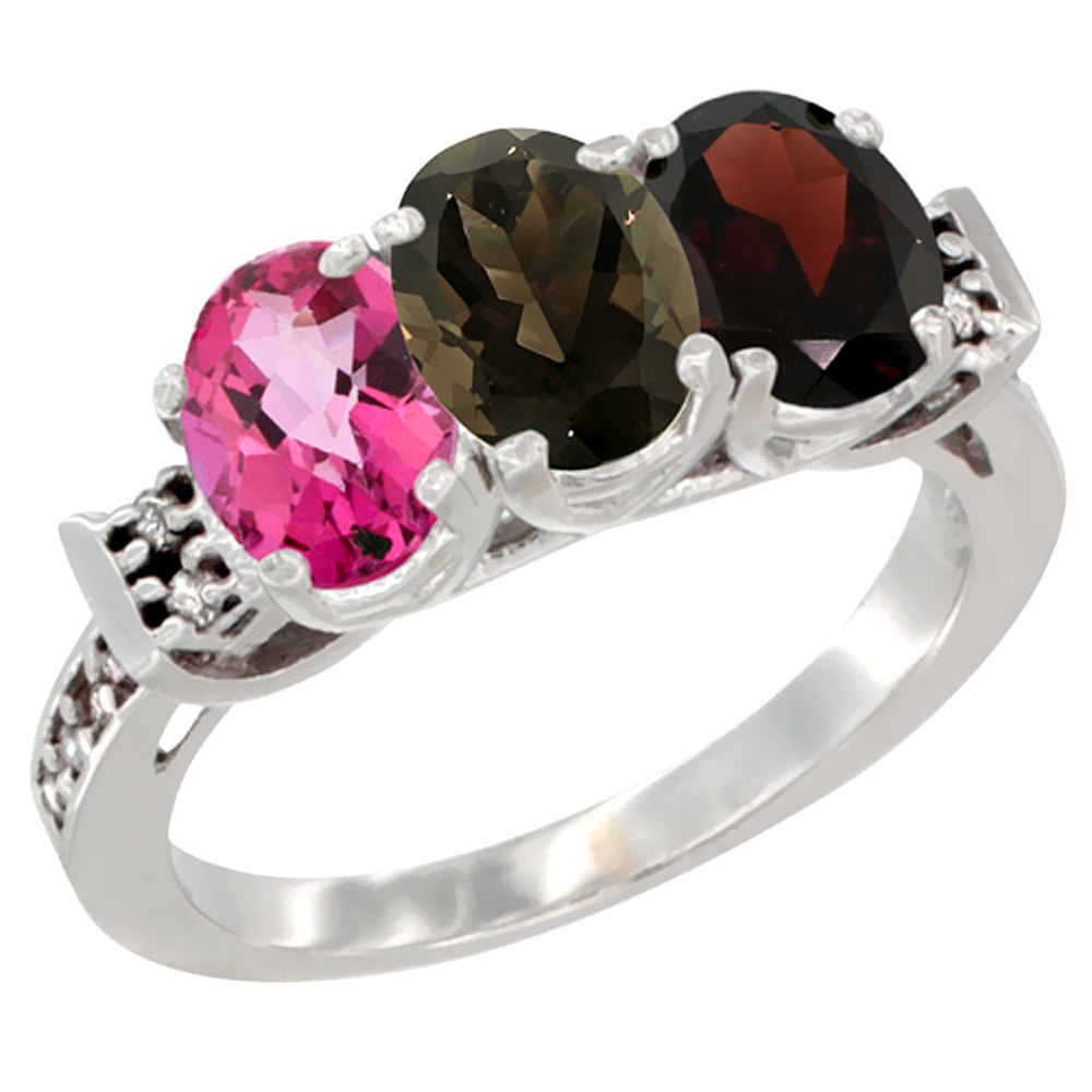 14K White Gold Natural Pink Topaz, Smoky Topaz &amp; Garnet Ring 3-Stone 7x5 mm Oval Diamond Accent, sizes 5 - 10