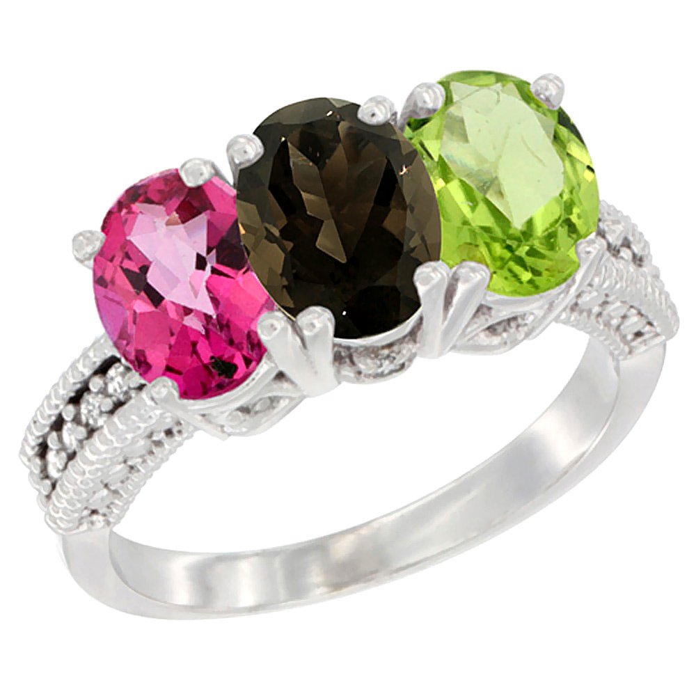 10K White Gold Natural Pink Topaz, Smoky Topaz & Peridot Ring 3-Stone Oval 7x5 mm Diamond Accent, sizes 5 - 10