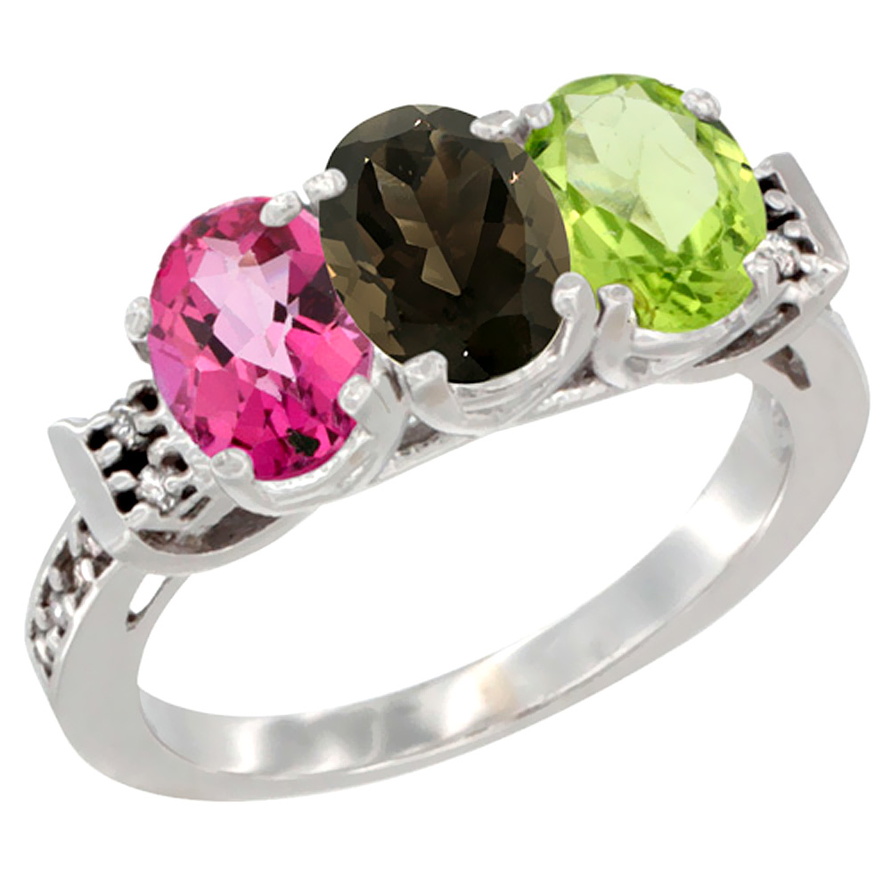 10K White Gold Natural Pink Topaz, Smoky Topaz & Peridot Ring 3-Stone Oval 7x5 mm Diamond Accent, sizes 5 - 10