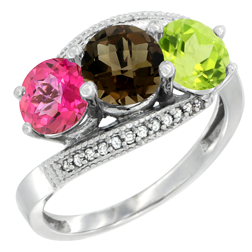 10K White Gold Natural Pink Topaz, Smoky Topaz & Peridot 3 stone Ring Round 6mm Diamond Accent, sizes 5 - 10