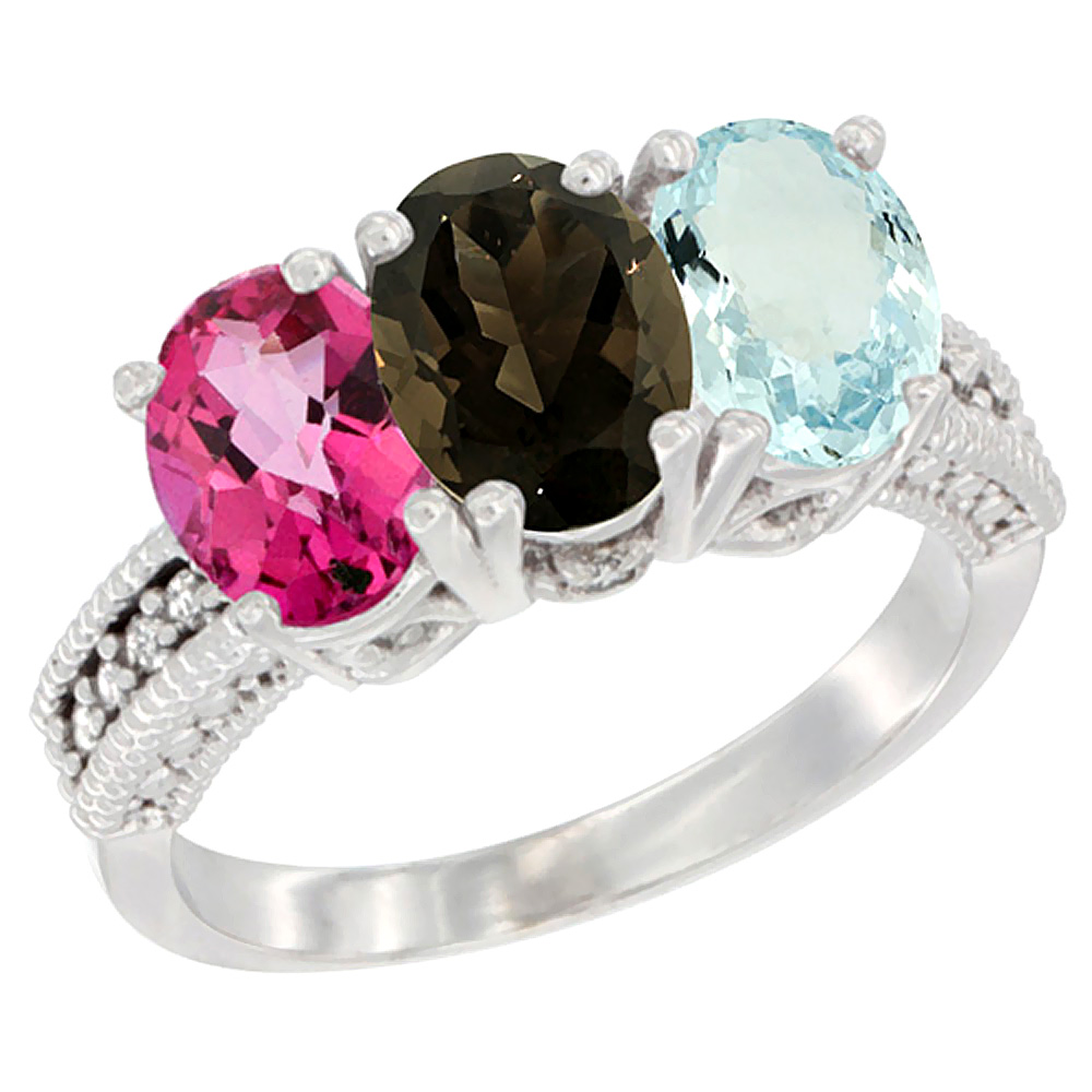 14K White Gold Natural Pink Topaz, Smoky Topaz &amp; Aquamarine Ring 3-Stone 7x5 mm Oval Diamond Accent, sizes 5 - 10