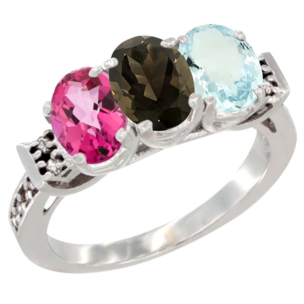 14K White Gold Natural Pink Topaz, Smoky Topaz & Aquamarine Ring 3-Stone 7x5 mm Oval Diamond Accent, sizes 5 - 10