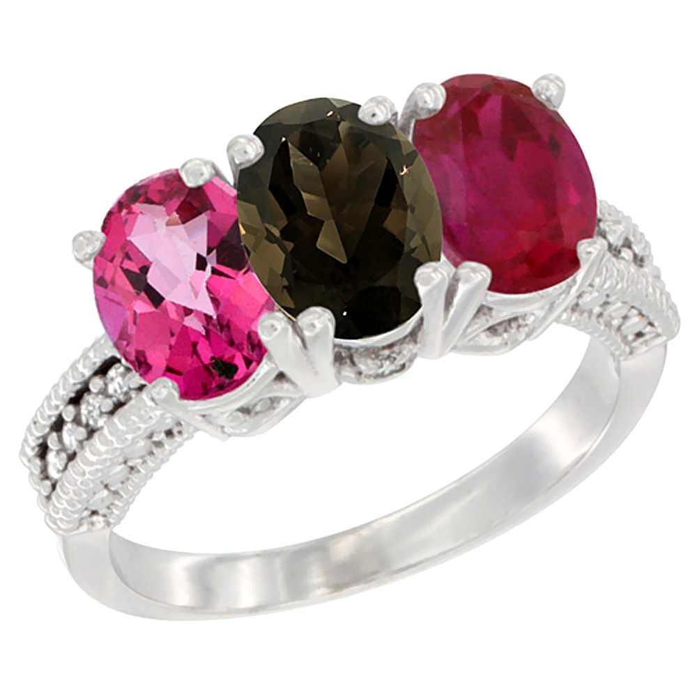 10K White Gold Natural Pink Topaz, Smoky Topaz & Ruby Ring 3-Stone Oval 7x5 mm Diamond Accent, sizes 5 - 10