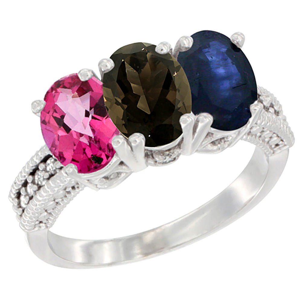 14K White Gold Natural Pink Topaz, Smoky Topaz & Blue Sapphire Ring 3-Stone 7x5 mm Oval Diamond Accent, sizes 5 - 10