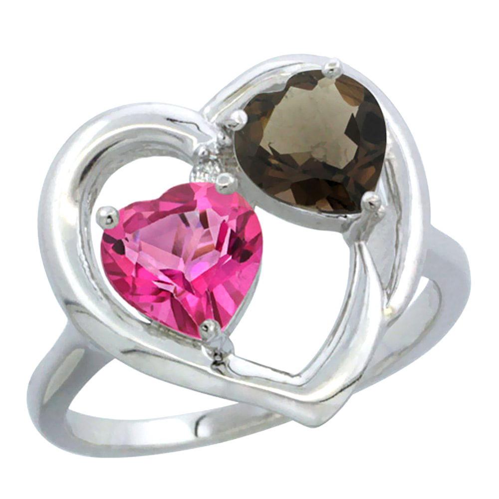 14K White Gold Diamond Two-stone Heart Ring 6 mm Natural Pink & Smoky Topaz, sizes 5-10