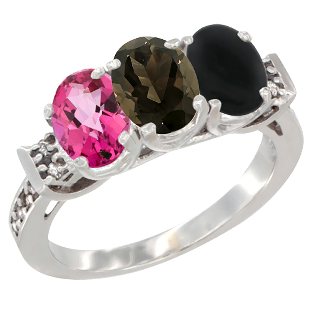 10K White Gold Natural Pink Topaz, Smoky Topaz & Black Onyx Ring 3-Stone Oval 7x5 mm Diamond Accent, sizes 5 - 10