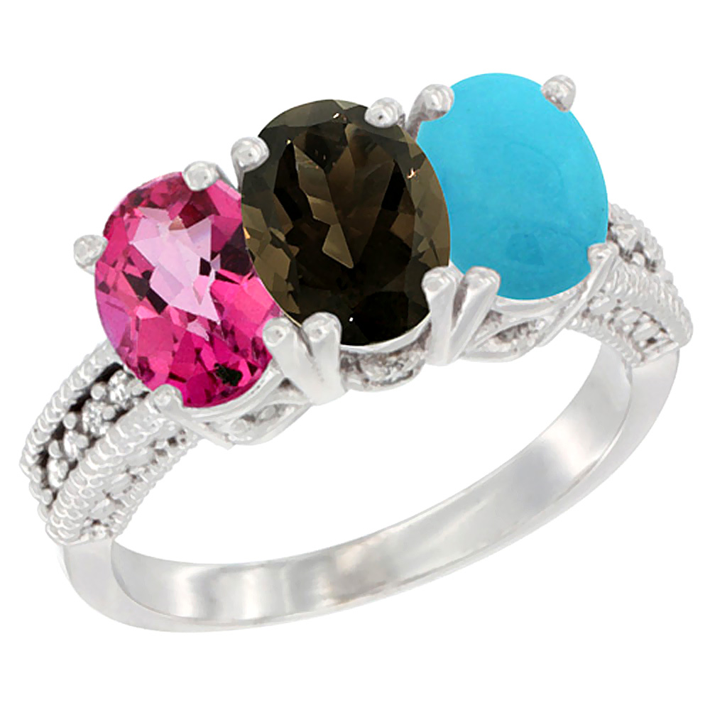 10K White Gold Natural Pink Topaz, Smoky Topaz & Turquoise Ring 3-Stone Oval 7x5 mm Diamond Accent, sizes 5 - 10