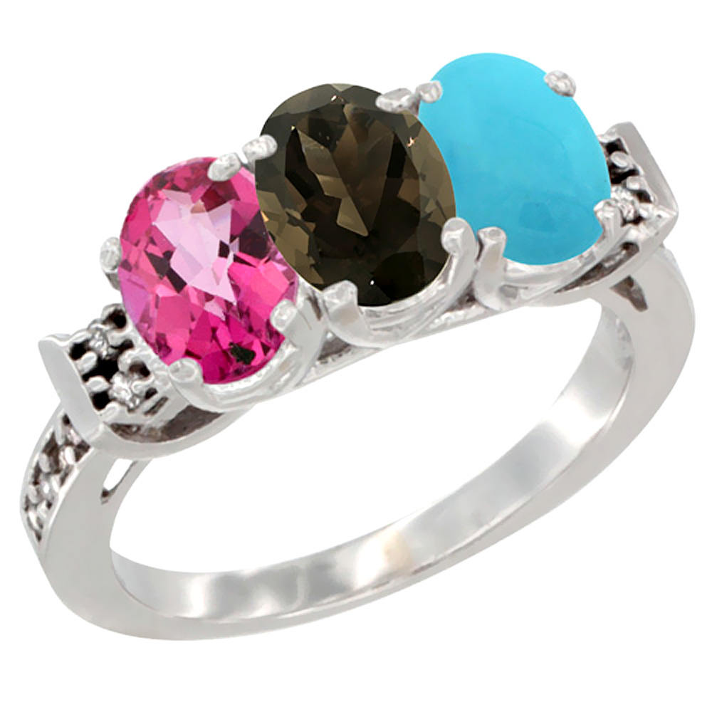 14K White Gold Natural Pink Topaz, Smoky Topaz & Turquoise Ring 3-Stone 7x5 mm Oval Diamond Accent, sizes 5 - 10