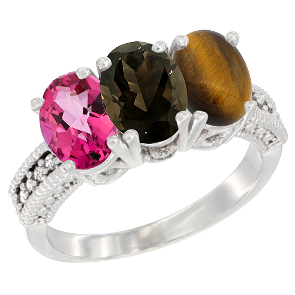 14K White Gold Natural Pink Topaz, Smoky Topaz &amp; Tiger Eye Ring 3-Stone 7x5 mm Oval Diamond Accent, sizes 5 - 10