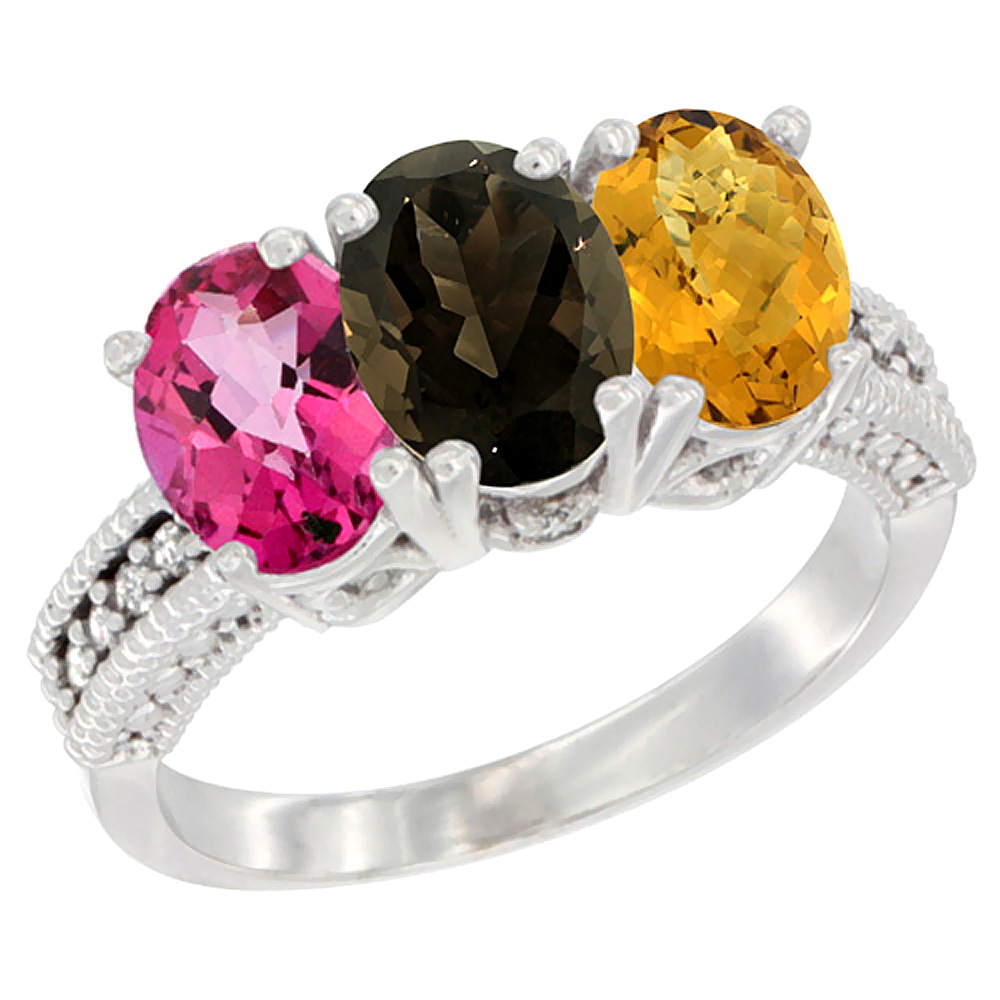 10K White Gold Natural Pink Topaz, Smoky Topaz & Whisky Quartz Ring 3-Stone Oval 7x5 mm Diamond Accent, sizes 5 - 10