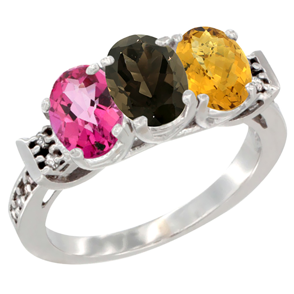 10K White Gold Natural Pink Topaz, Smoky Topaz & Whisky Quartz Ring 3-Stone Oval 7x5 mm Diamond Accent, sizes 5 - 10