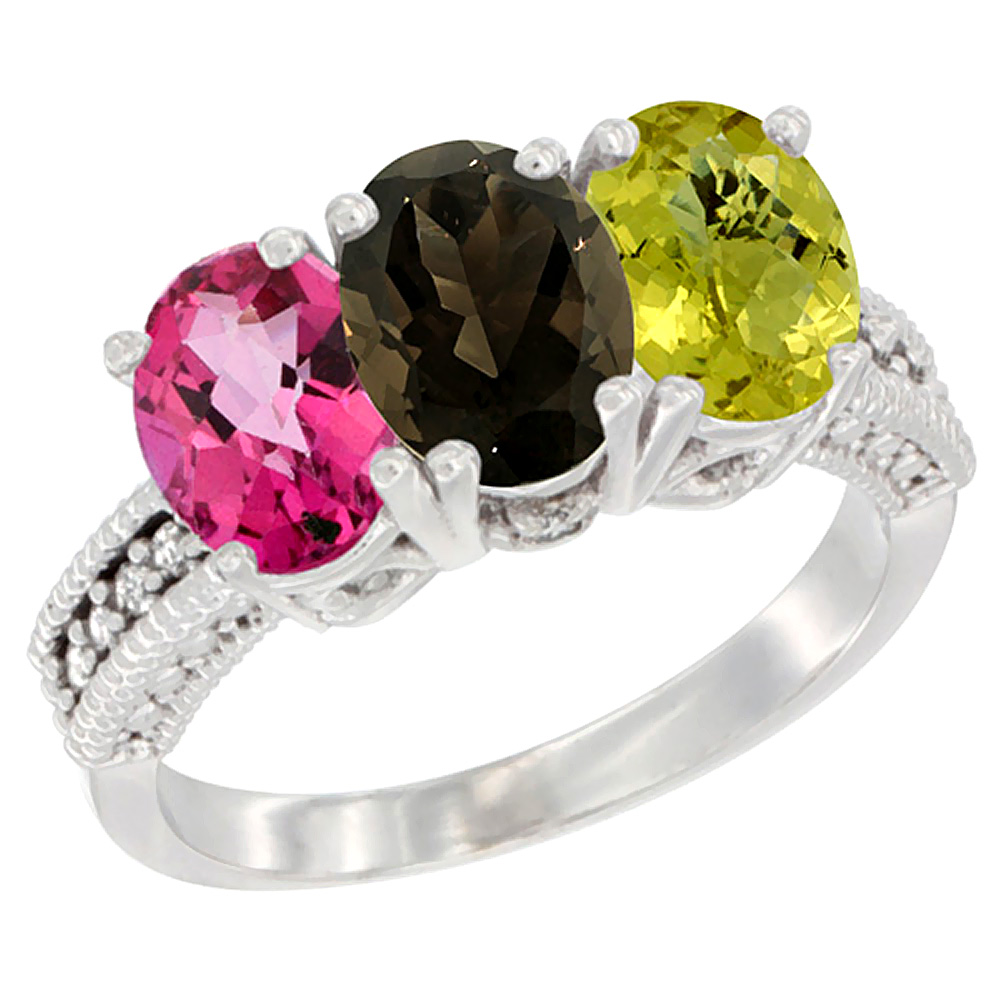 10K White Gold Natural Pink Topaz, Smoky Topaz & Lemon Quartz Ring 3-Stone Oval 7x5 mm Diamond Accent, sizes 5 - 10