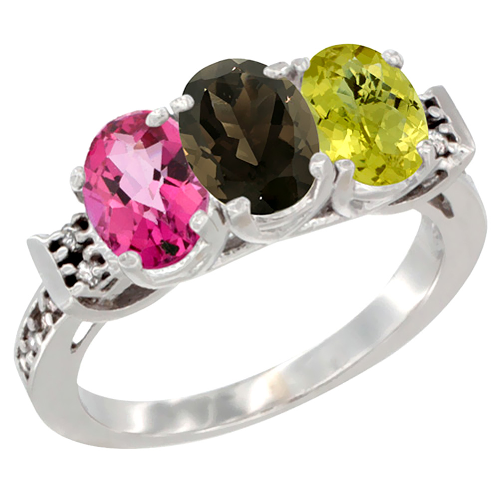 14K White Gold Natural Pink Topaz, Smoky Topaz & Lemon Quartz Ring 3-Stone 7x5 mm Oval Diamond Accent, sizes 5 - 10