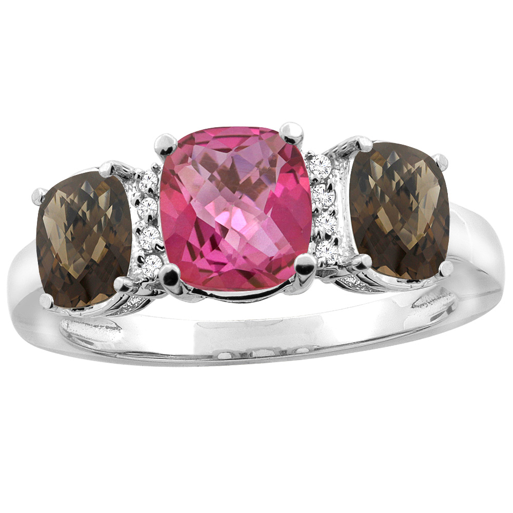 10K Yellow Gold Natural Pink Topaz & Smoky Topaz 3-stone Ring Cushion 8x6mm Diamond Accent, sizes 5 - 10