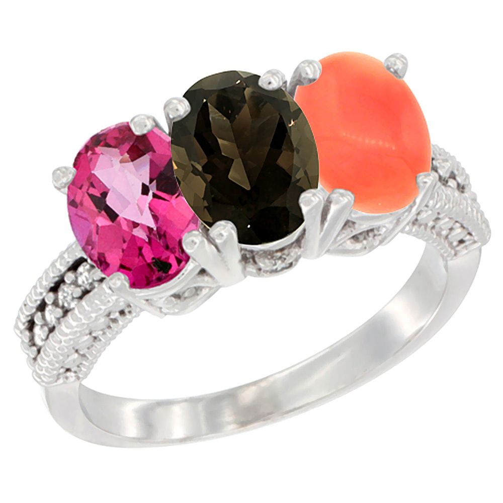 10K White Gold Natural Pink Topaz, Smoky Topaz & Coral Ring 3-Stone Oval 7x5 mm Diamond Accent, sizes 5 - 10