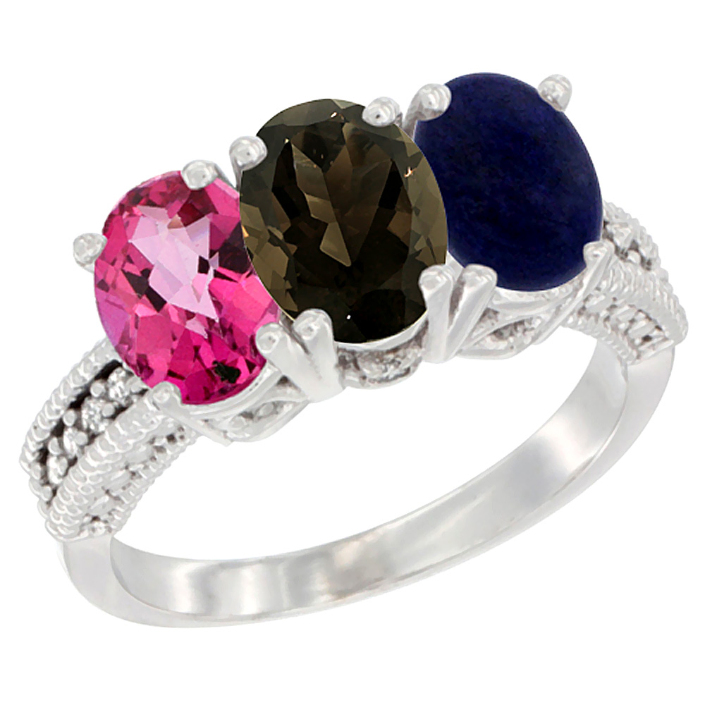 10K White Gold Natural Pink Topaz, Smoky Topaz & Lapis Ring 3-Stone Oval 7x5 mm Diamond Accent, sizes 5 - 10