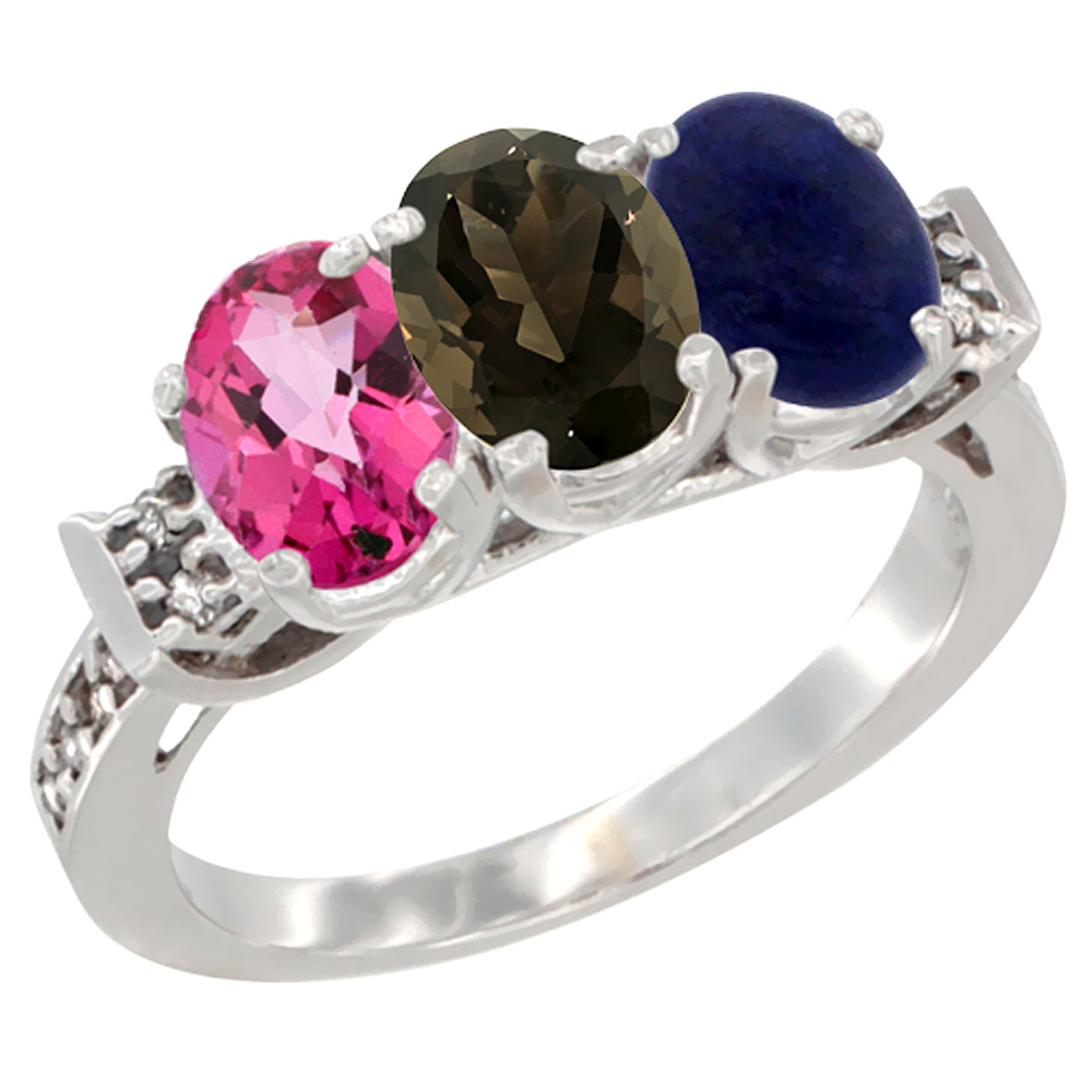 10K White Gold Natural Pink Topaz, Smoky Topaz & Lapis Ring 3-Stone Oval 7x5 mm Diamond Accent, sizes 5 - 10