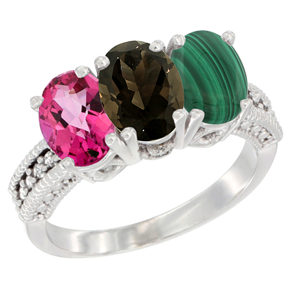 10K White Gold Natural Pink Topaz, Smoky Topaz & Malachite Ring 3-Stone Oval 7x5 mm Diamond Accent, sizes 5 - 10