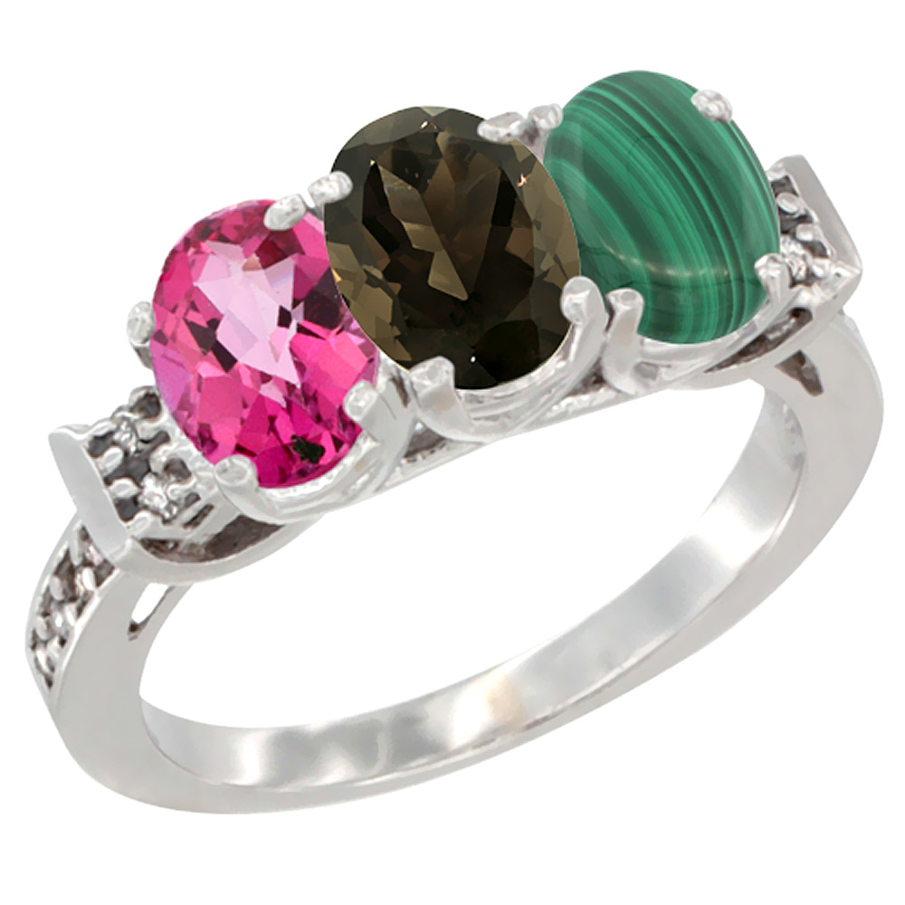 10K White Gold Natural Pink Topaz, Smoky Topaz & Malachite Ring 3-Stone Oval 7x5 mm Diamond Accent, sizes 5 - 10