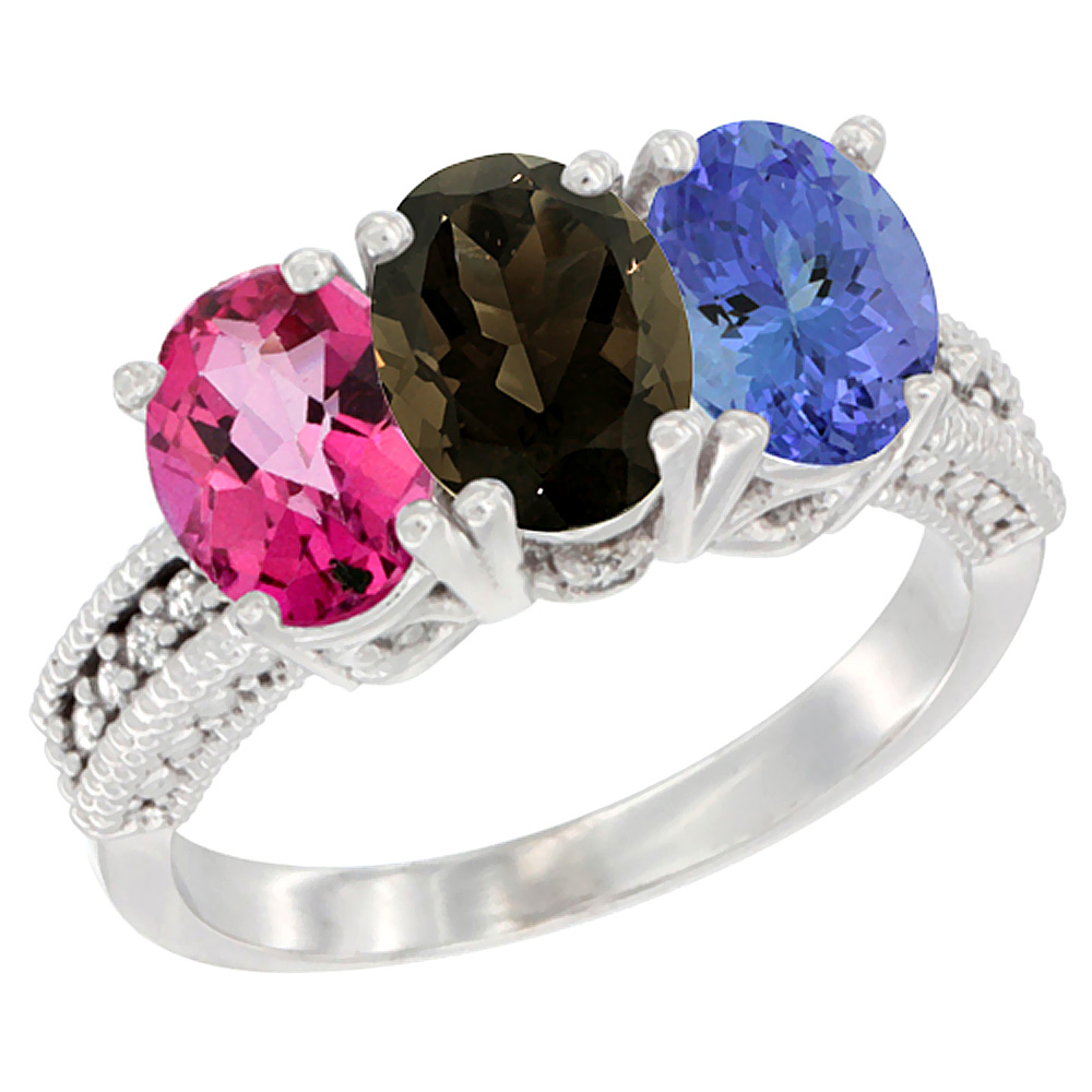 14K White Gold Natural Pink Topaz, Smoky Topaz & Tanzanite Ring 3-Stone 7x5 mm Oval Diamond Accent, sizes 5 - 10