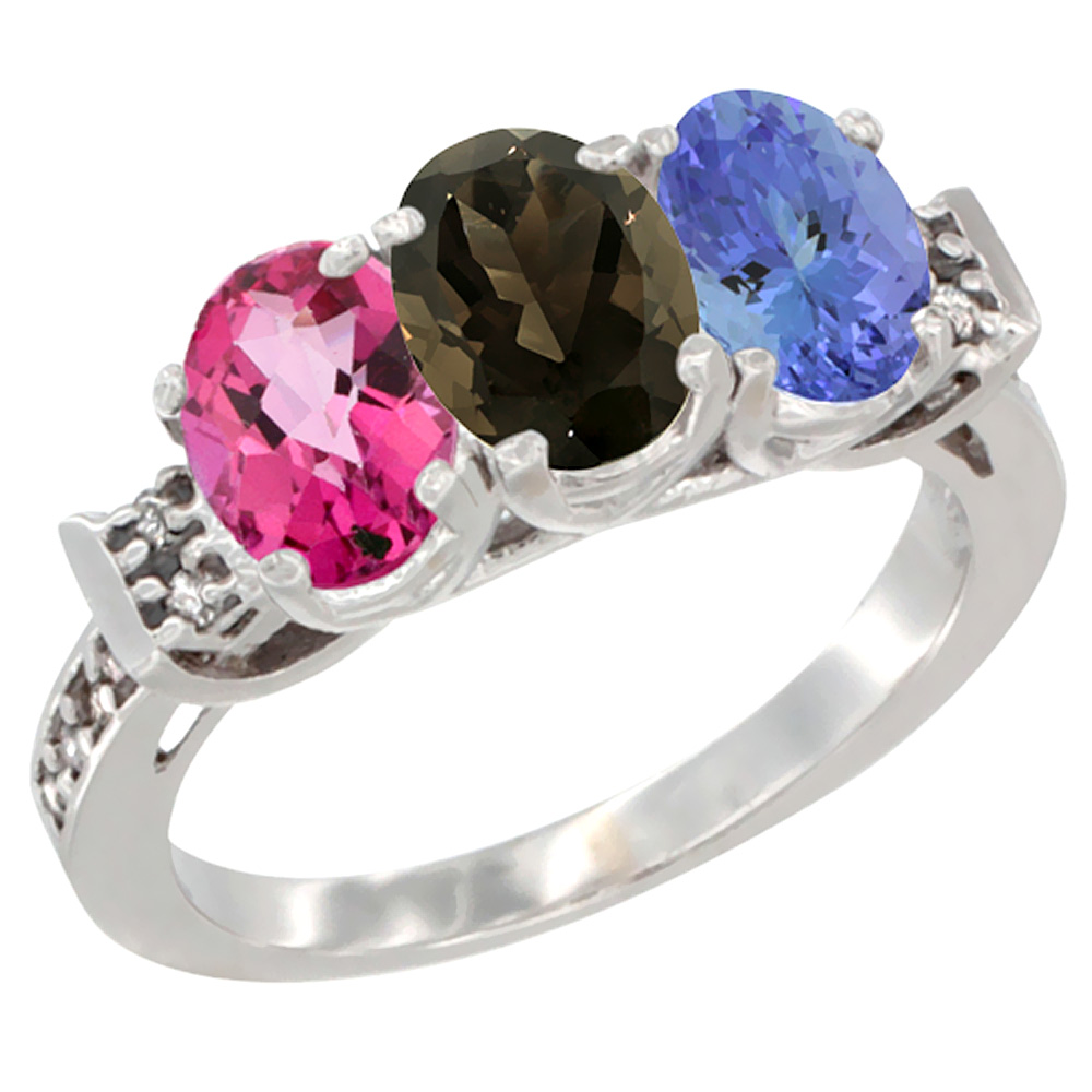 14K White Gold Natural Pink Topaz, Smoky Topaz & Tanzanite Ring 3-Stone 7x5 mm Oval Diamond Accent, sizes 5 - 10