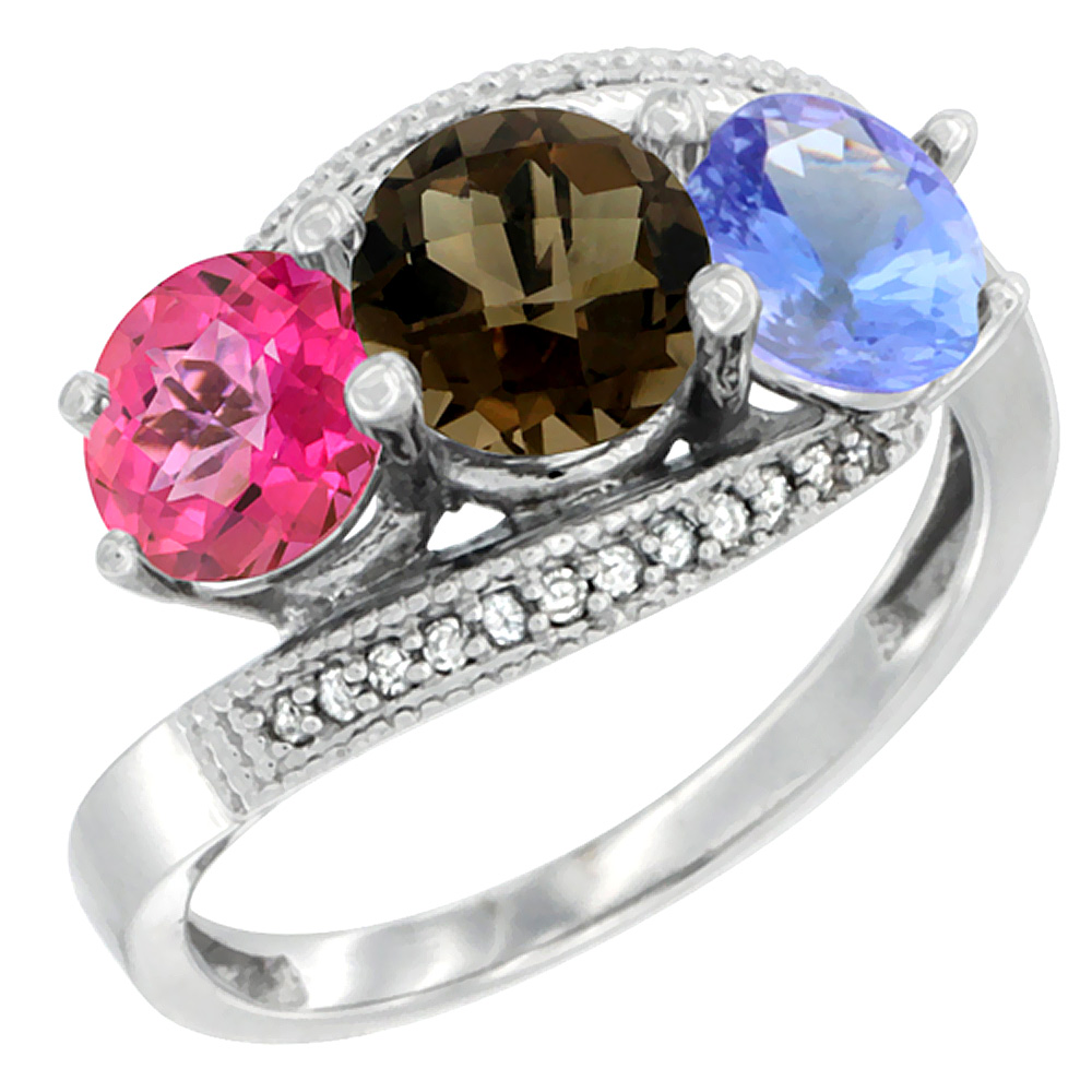 10K White Gold Natural Pink Topaz, Smoky Topaz & Tanzanite 3 stone Ring Round 6mm Diamond Accent, sizes 5 - 10