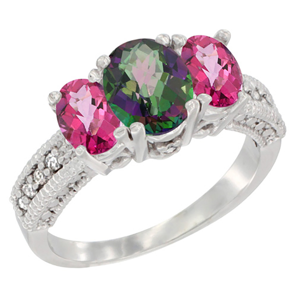 14K White Gold Diamond Natural Mystic Topaz Ring Oval 3-stone with Pink Topaz, sizes 5 - 10