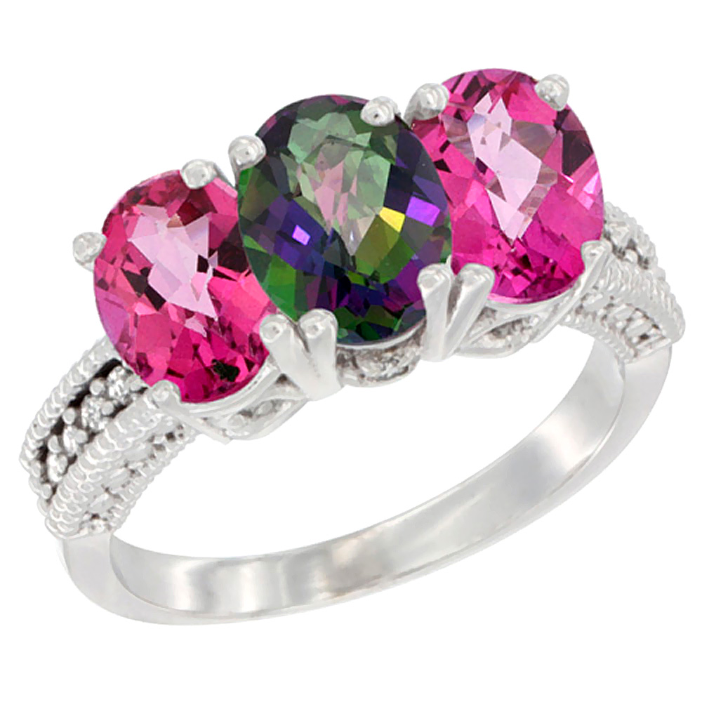 14K White Gold Natural Mystic Topaz & Pink Topaz Sides Ring 3-Stone 7x5 mm Oval Diamond Accent, sizes 5 - 10