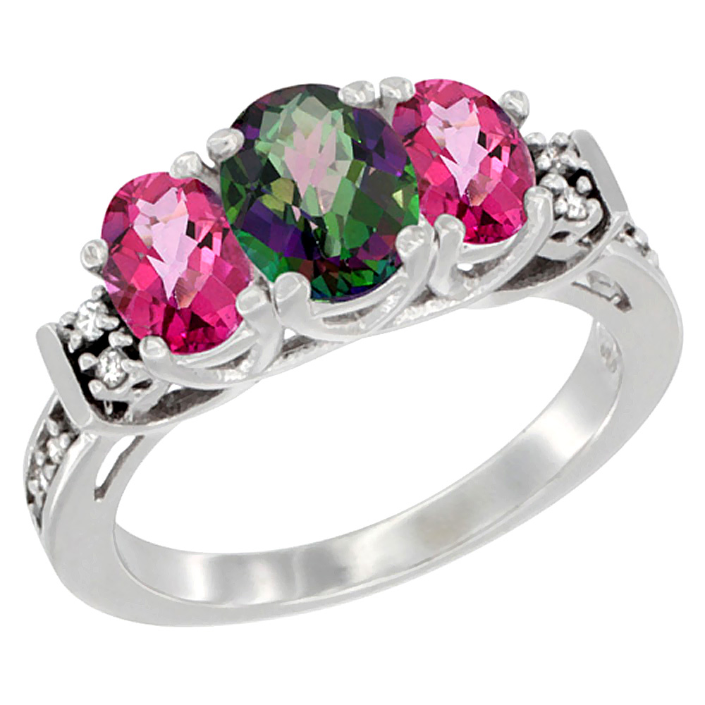 14K White Gold Natural Mystic Topaz & Pink Topaz Ring 3-Stone Oval Diamond Accent, sizes 5-10