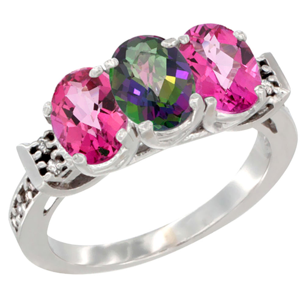 14K White Gold Natural Mystic Topaz &amp; Pink Topaz Sides Ring 3-Stone 7x5 mm Oval Diamond Accent, sizes 5 - 10